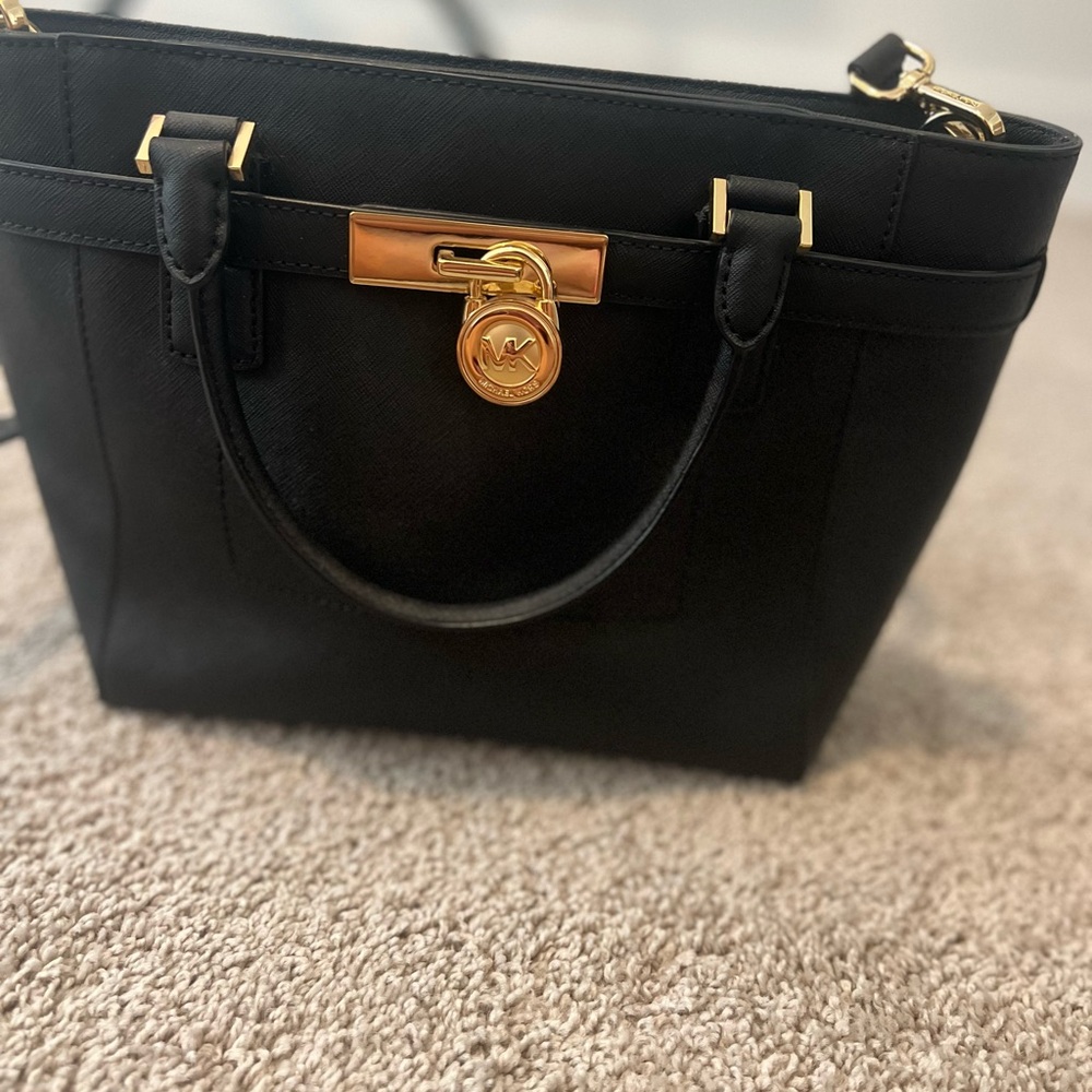 Black Leather Handbag with Gold Accents